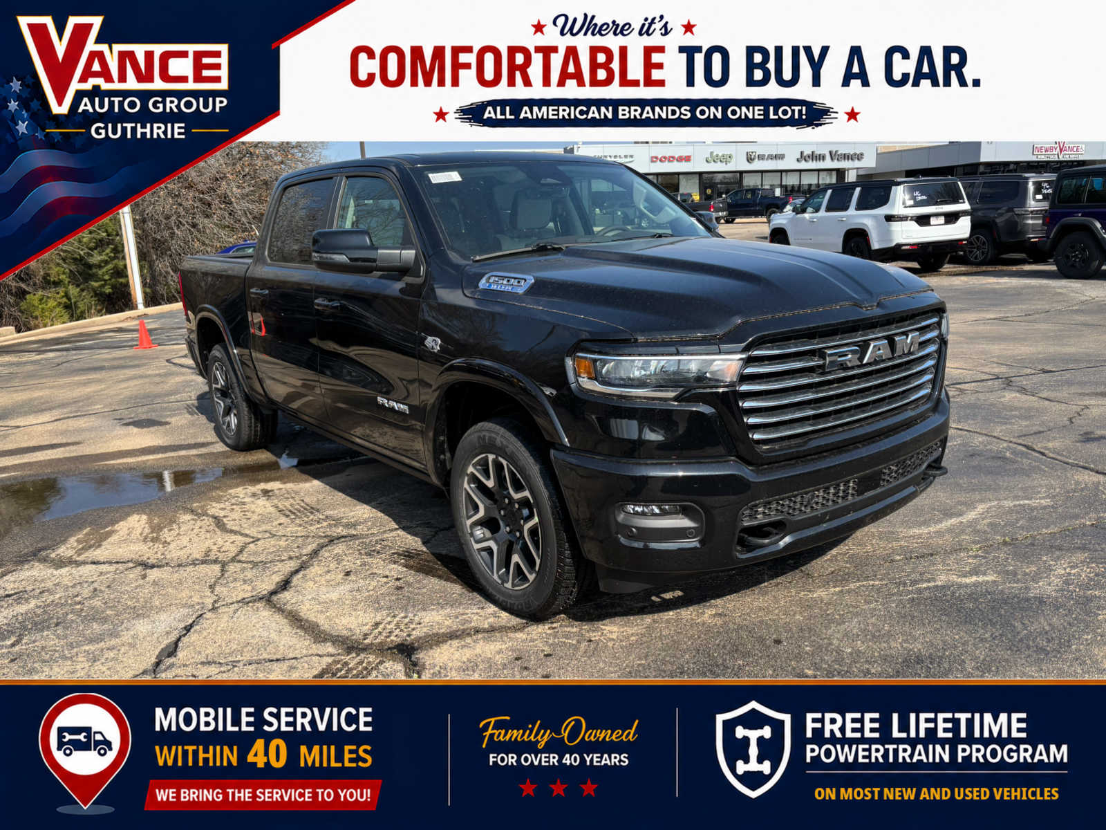 Diamond Black Crystal Pearlcoat 2026 RAM 1500 Laramie Crew Cab 4WD Pickup Truck Four-Wheel Drive 8-Speed Automatic