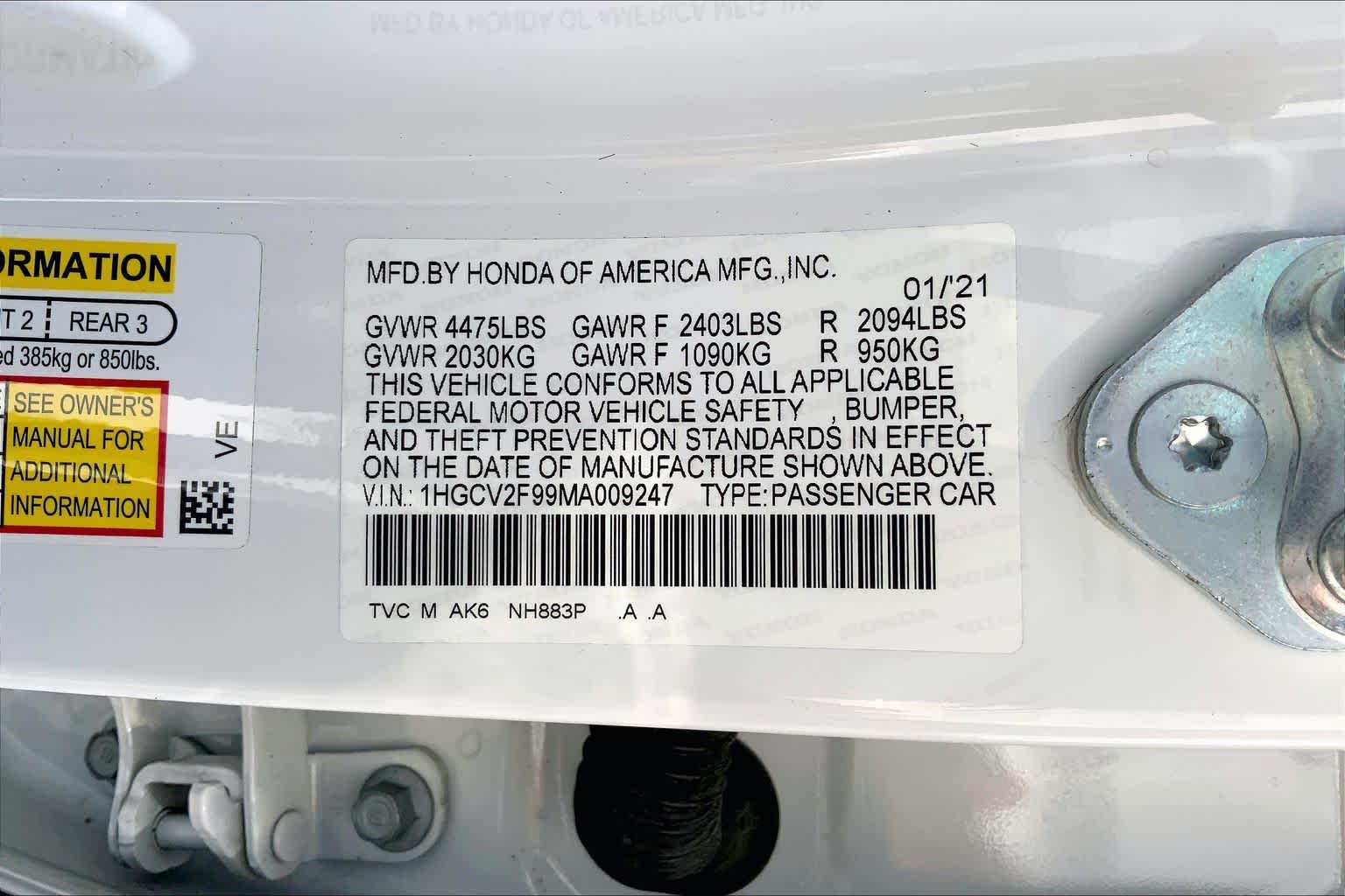 2021 Honda Accord Sedan Touring Platinum White Pearl at Beck & Masten Kia