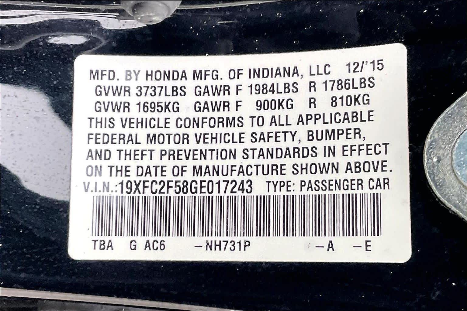 2016 Honda Civic LX Crystal Black Pearl at Honda of Clear Lake