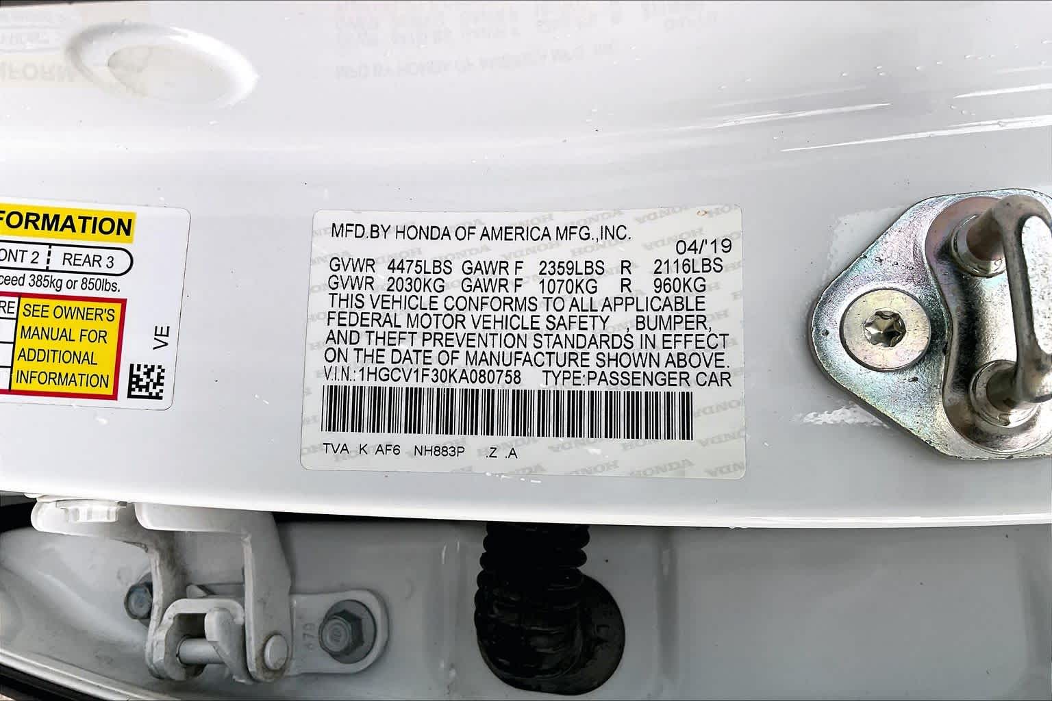 2019 Honda Accord Sport 1.5T Platinum White Pearl at Honda of Clear Lake