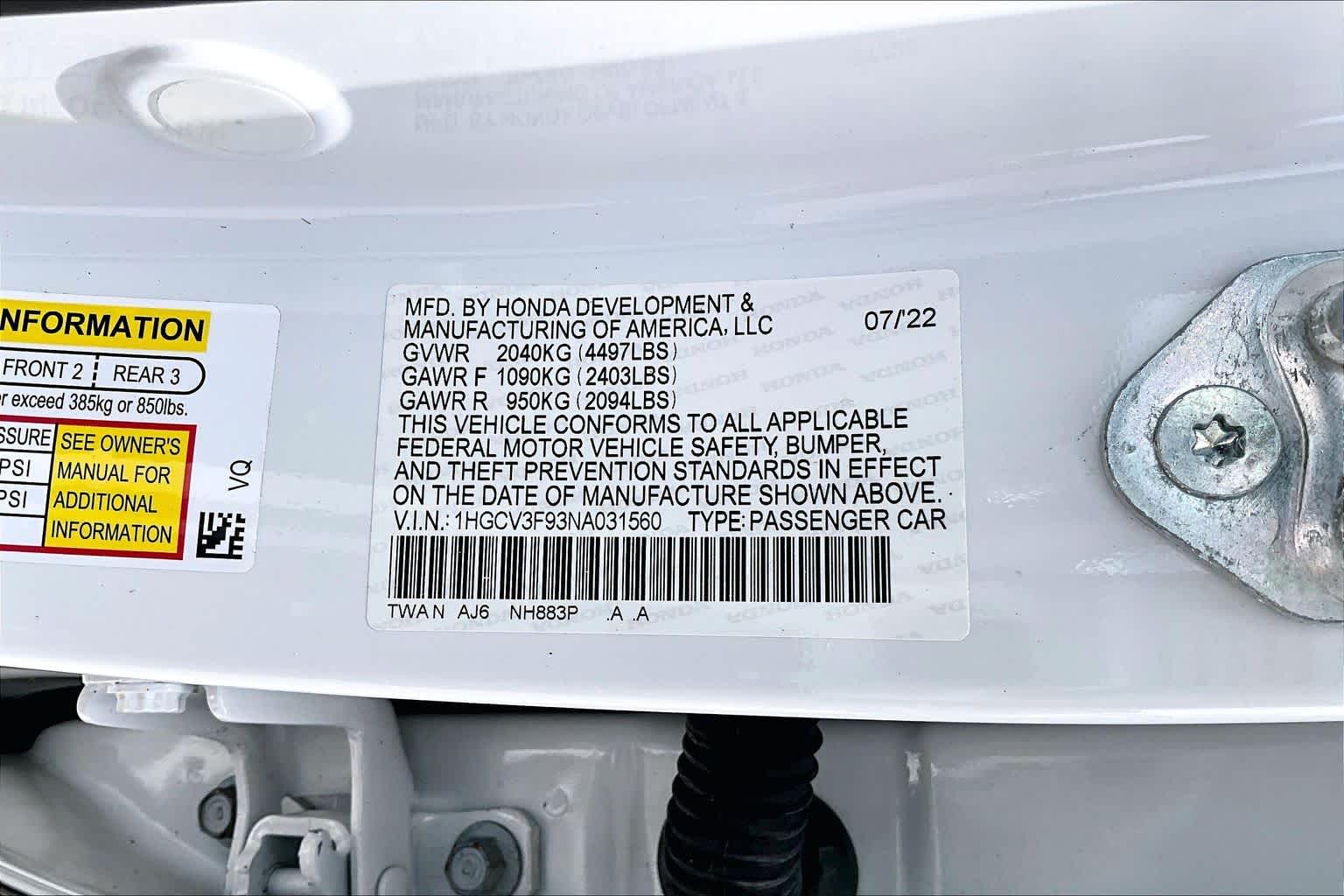 2022 Honda Accord Hybrid Touring Platinum White Pearl at AutoNation Chevrolet Gulf Fwy