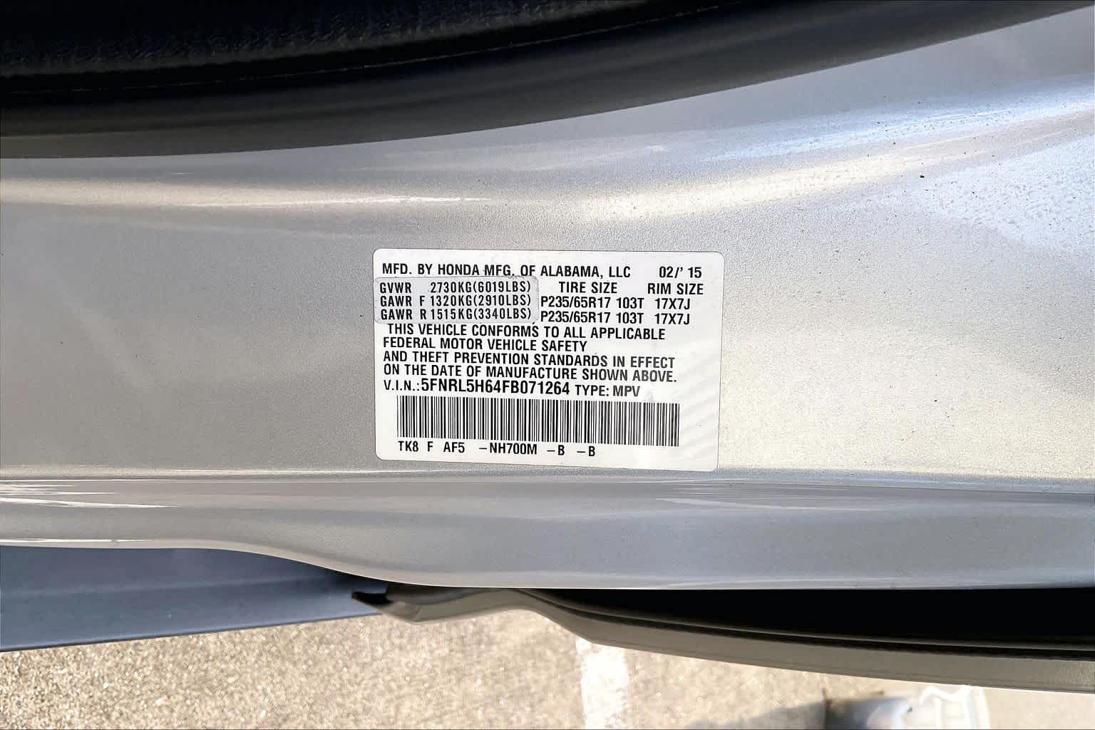 2015 Honda Odyssey EX-L Alabaster Silver Metallic at AutoNation USA Katy