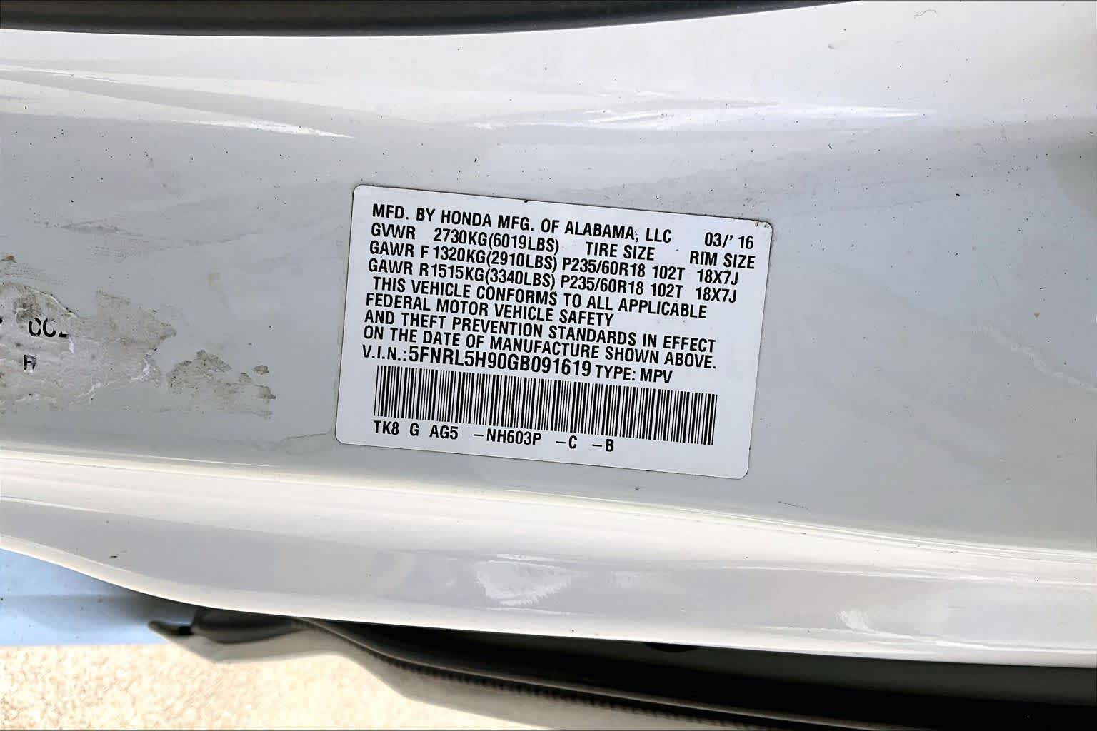 2016 Honda Odyssey Touring White Diamond Pearl at AutoNation Toyota Gulf Fwy