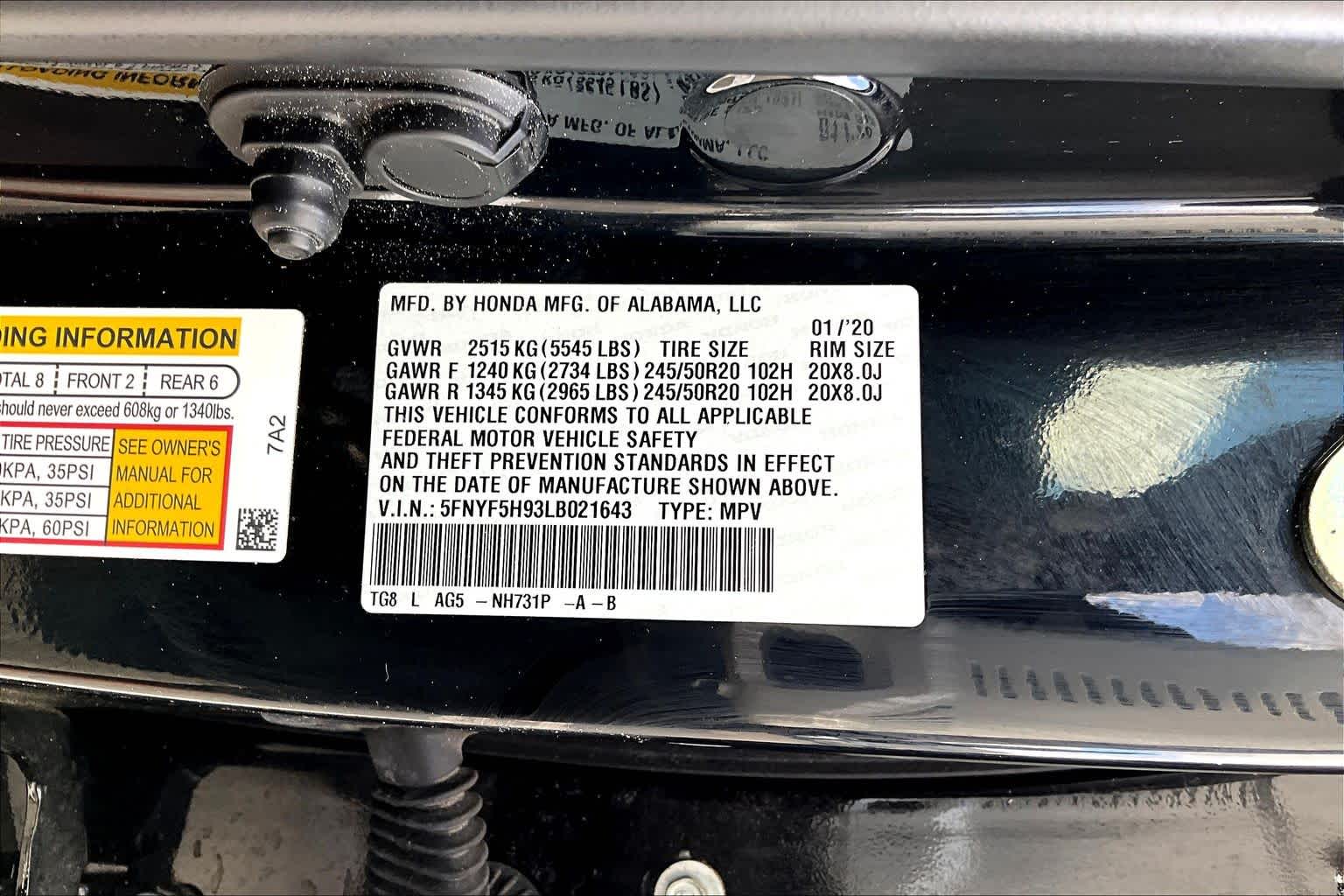 2020 Honda Pilot Touring 8-Passenger Crystal Black Pearl at Honda of Clear Lake