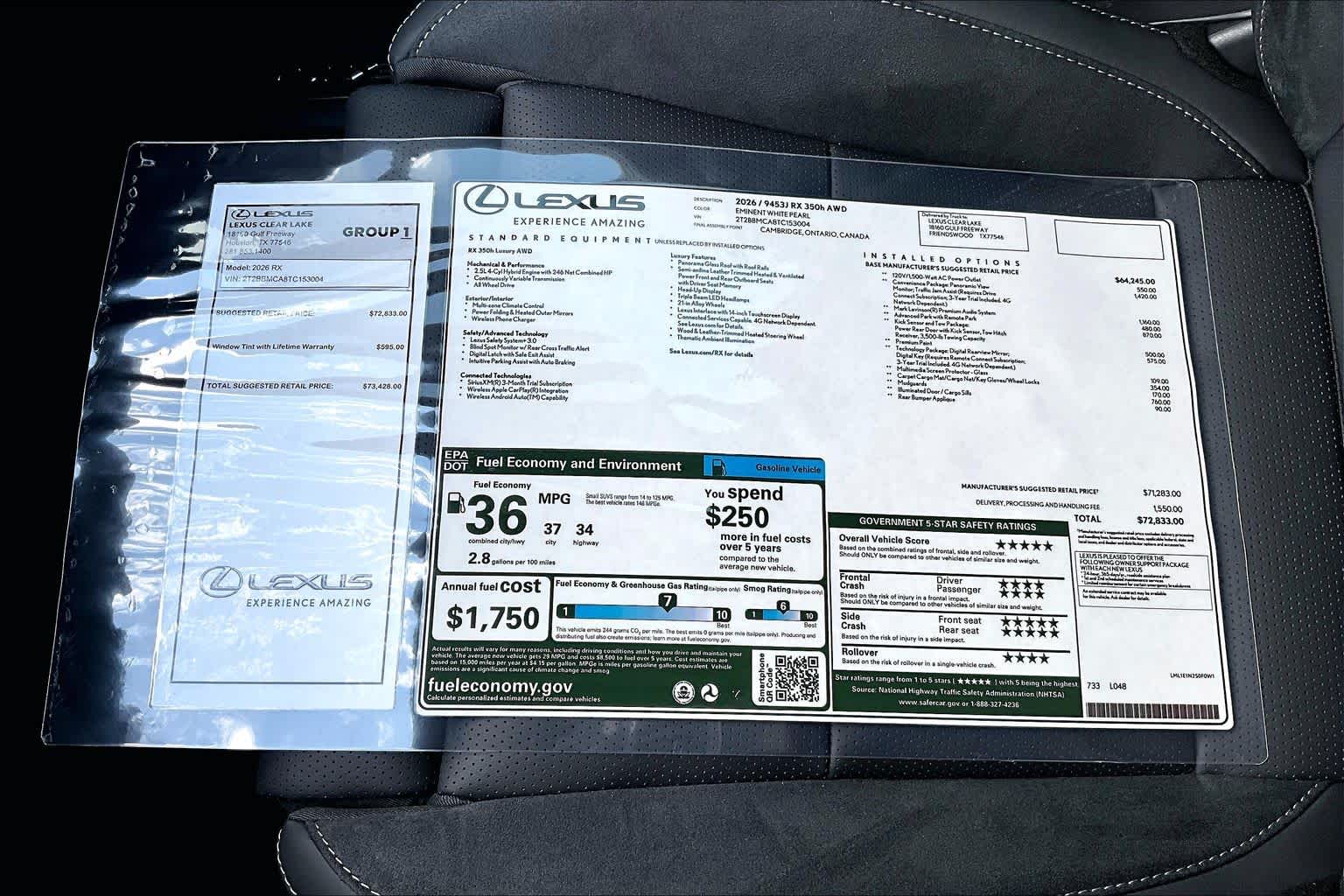 2026 Lexus RX 350h Luxury  Eminent White Pearl at Lexus Southwest Houston