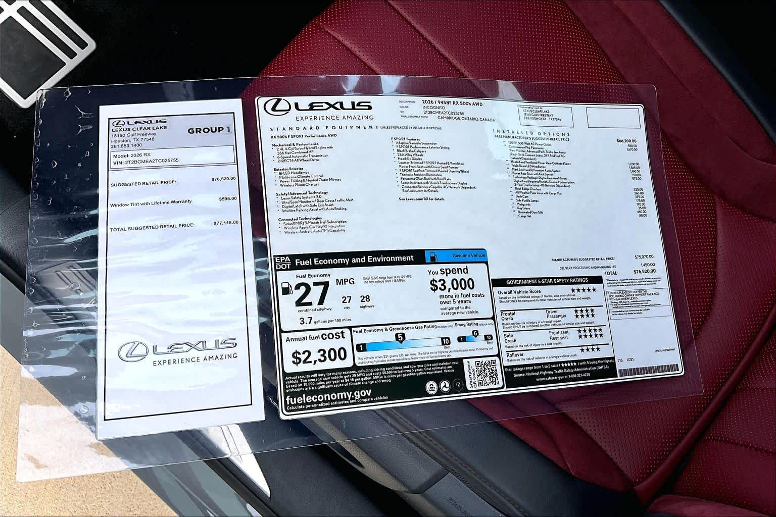 2026 Lexus RX 500h F SPORT Performance  Incognito at Lexus of Clear Lake