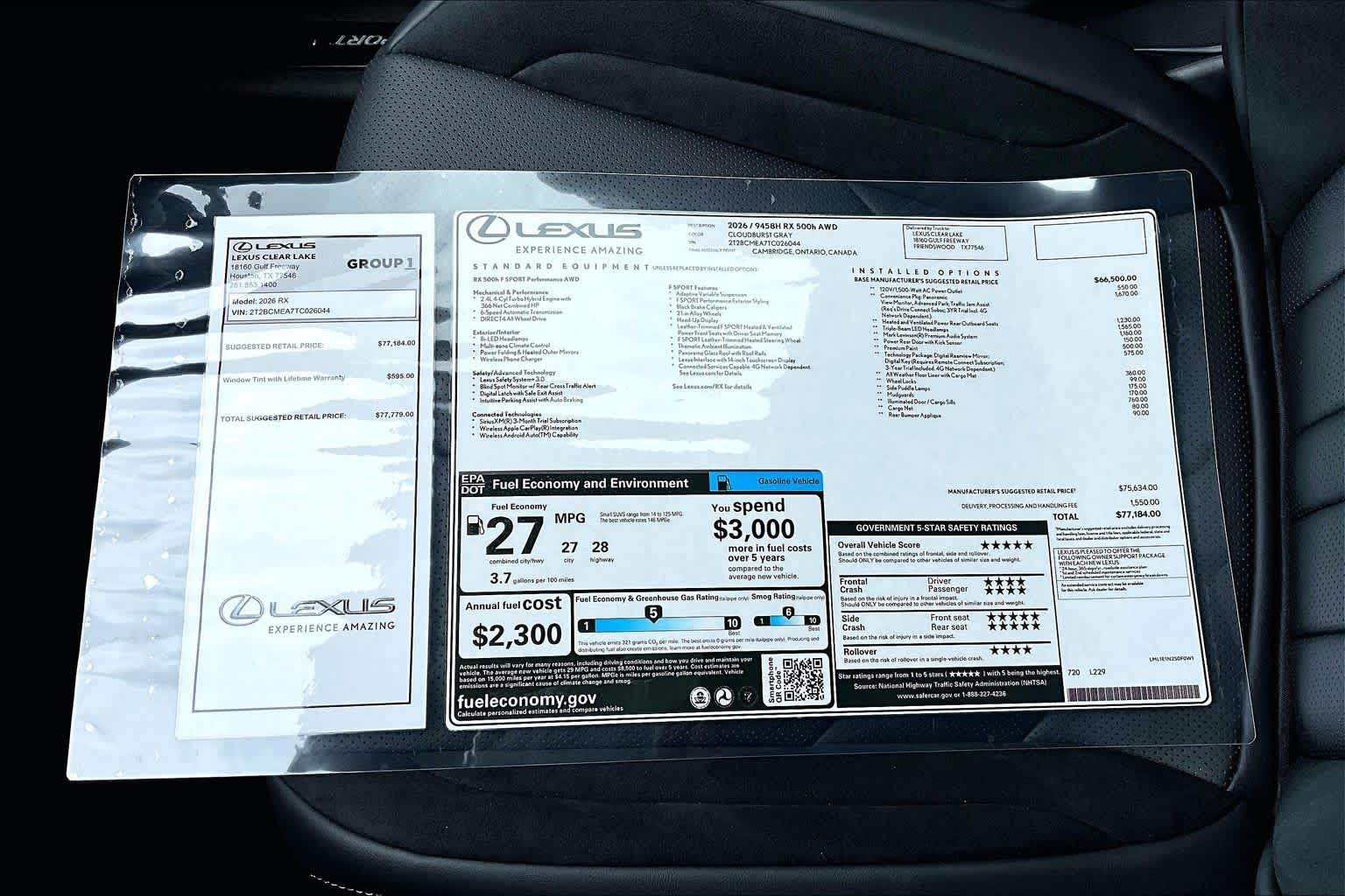 2026 Lexus RX 500h F SPORT Performance  Cloudburst Gray at Lexus of Clear Lake