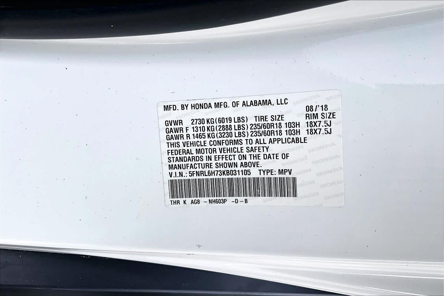 2019 Honda Odyssey EX-L White Diamond Pearl at AutoNation USA Houston