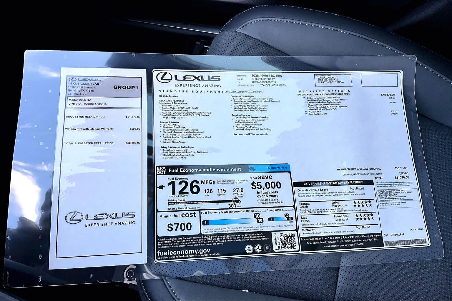 2026 Lexus RZ 350e Premium  Cloudburst Gray at Lexus of Clear Lake