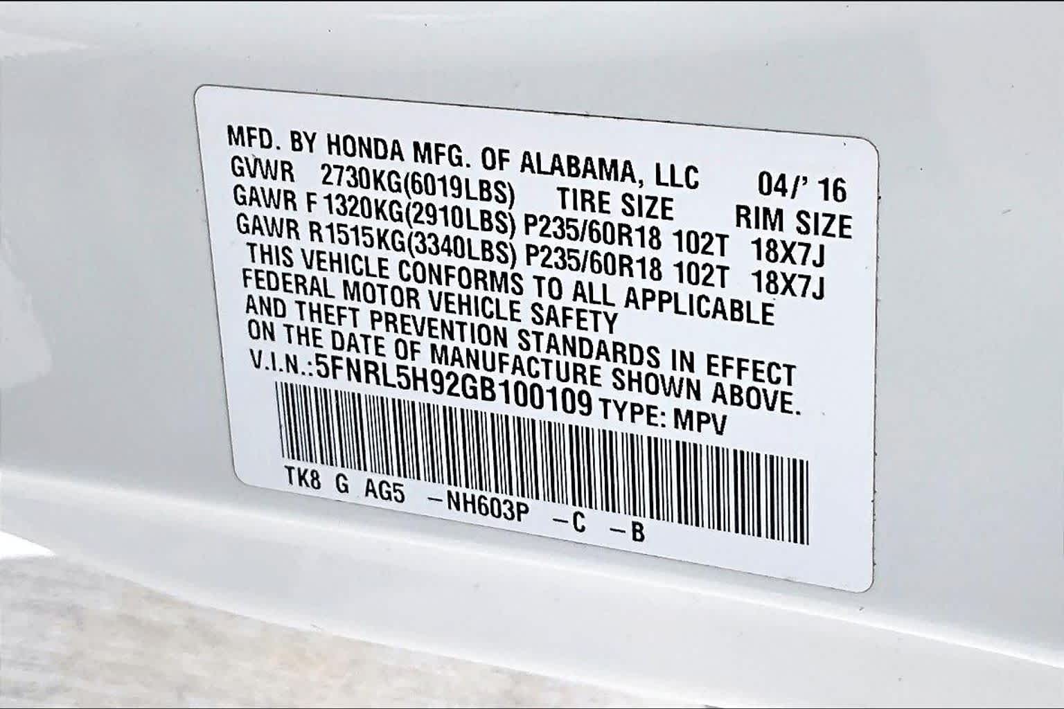 2016 Honda Odyssey Touring White Diamond Pearl at AutoNation USA Katy