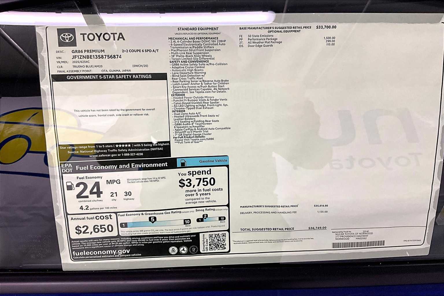 new 2025 Toyota GR86 car, priced at $35,313