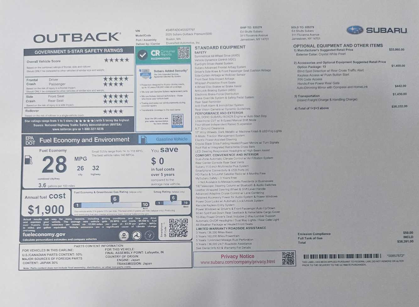 new 2025 Subaru Outback car, priced at $35,799