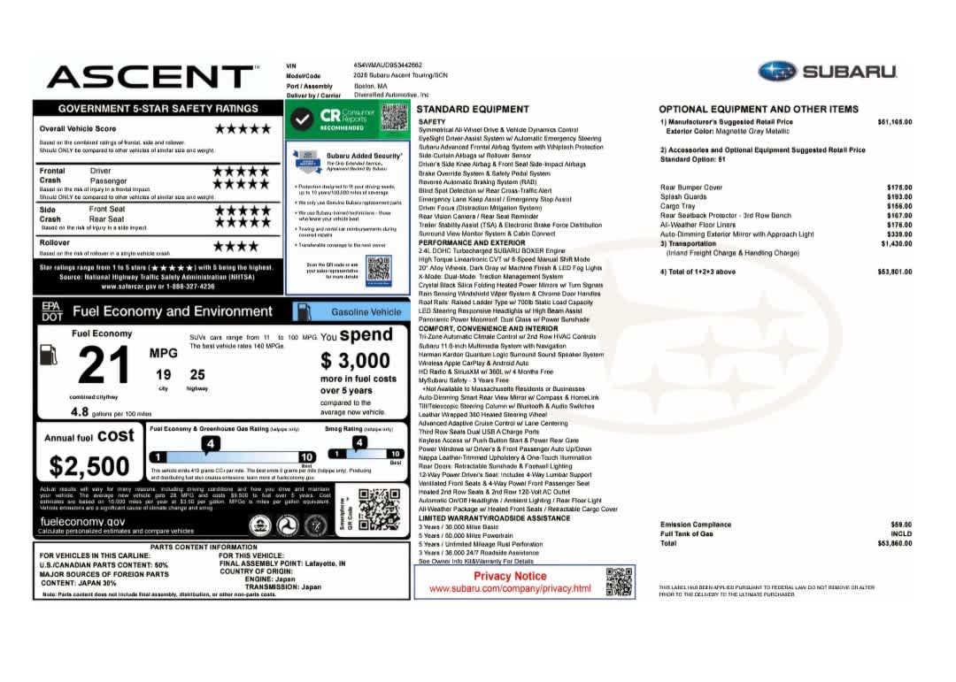 new 2025 Subaru Ascent car, priced at $51,999