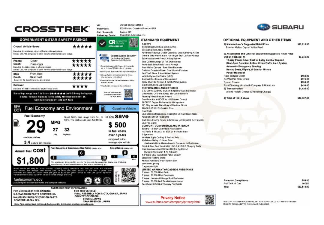 new 2025 Subaru Crosstrek car, priced at $31,999